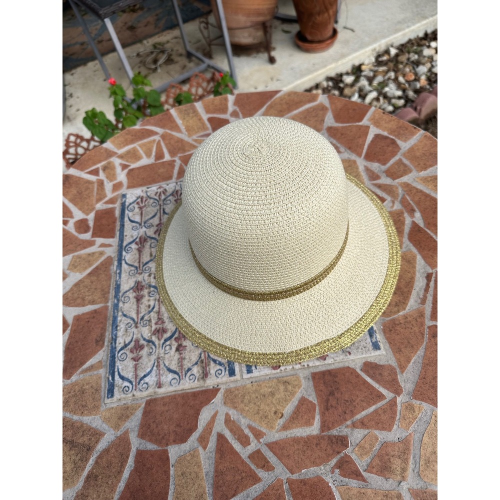 Magid Hats Cream Straw Sun Hat Gold Metallic Trim Woven Paper Beach Hat